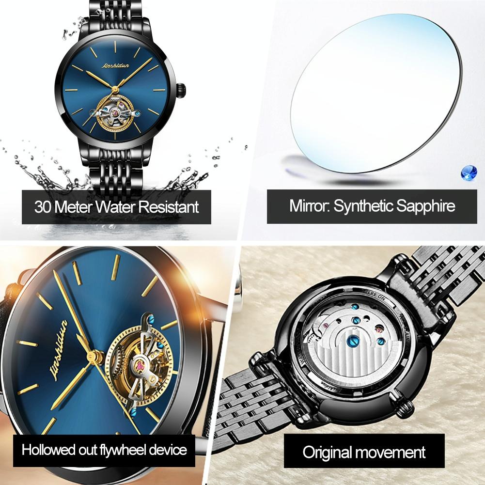 Waterproof Automatic Mechanical Watch for Women with Simple Hollow Design - Black Steel Strip