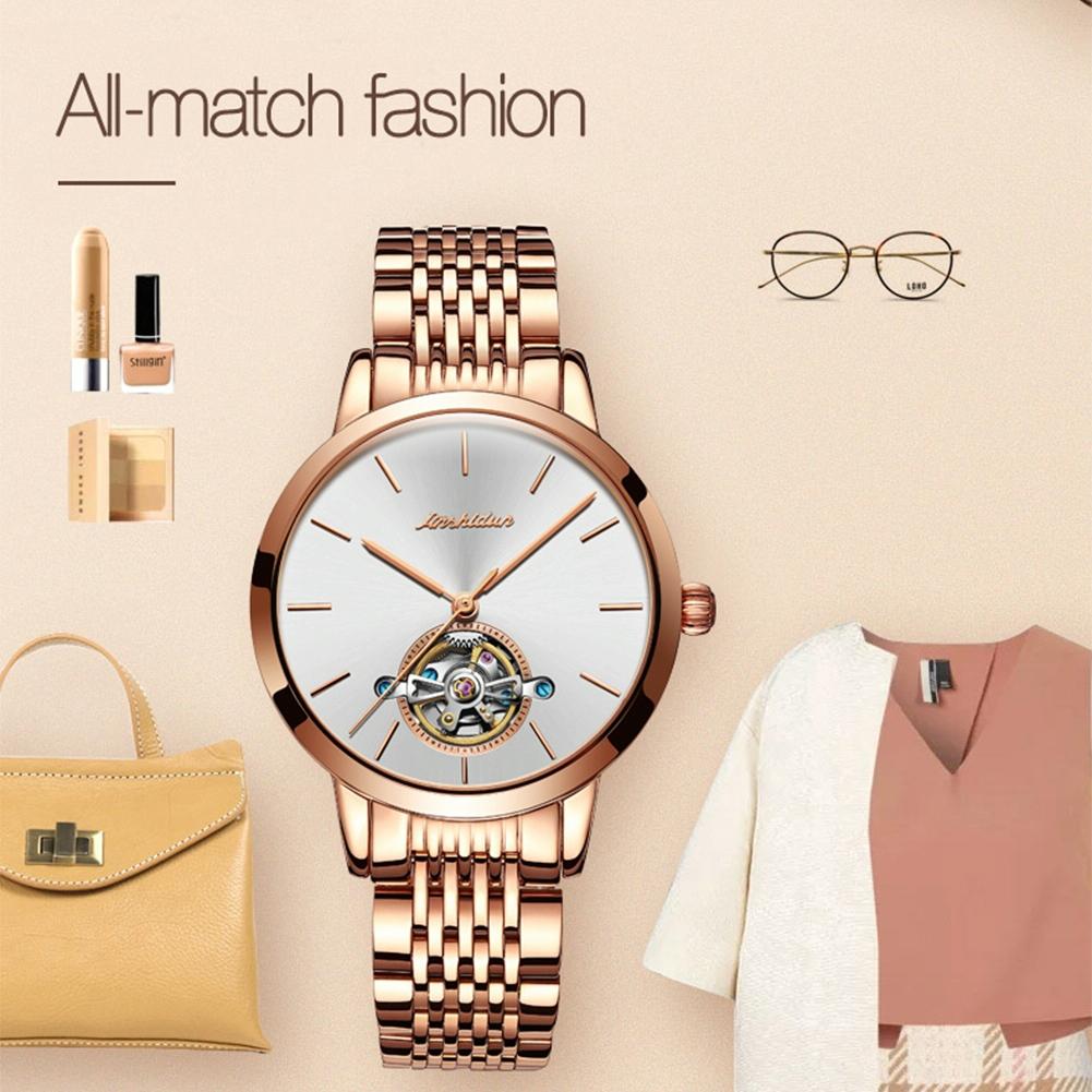 Waterproof Automatic Mechanical Watch for Women with Simple Hollow Design - Black Steel Strip