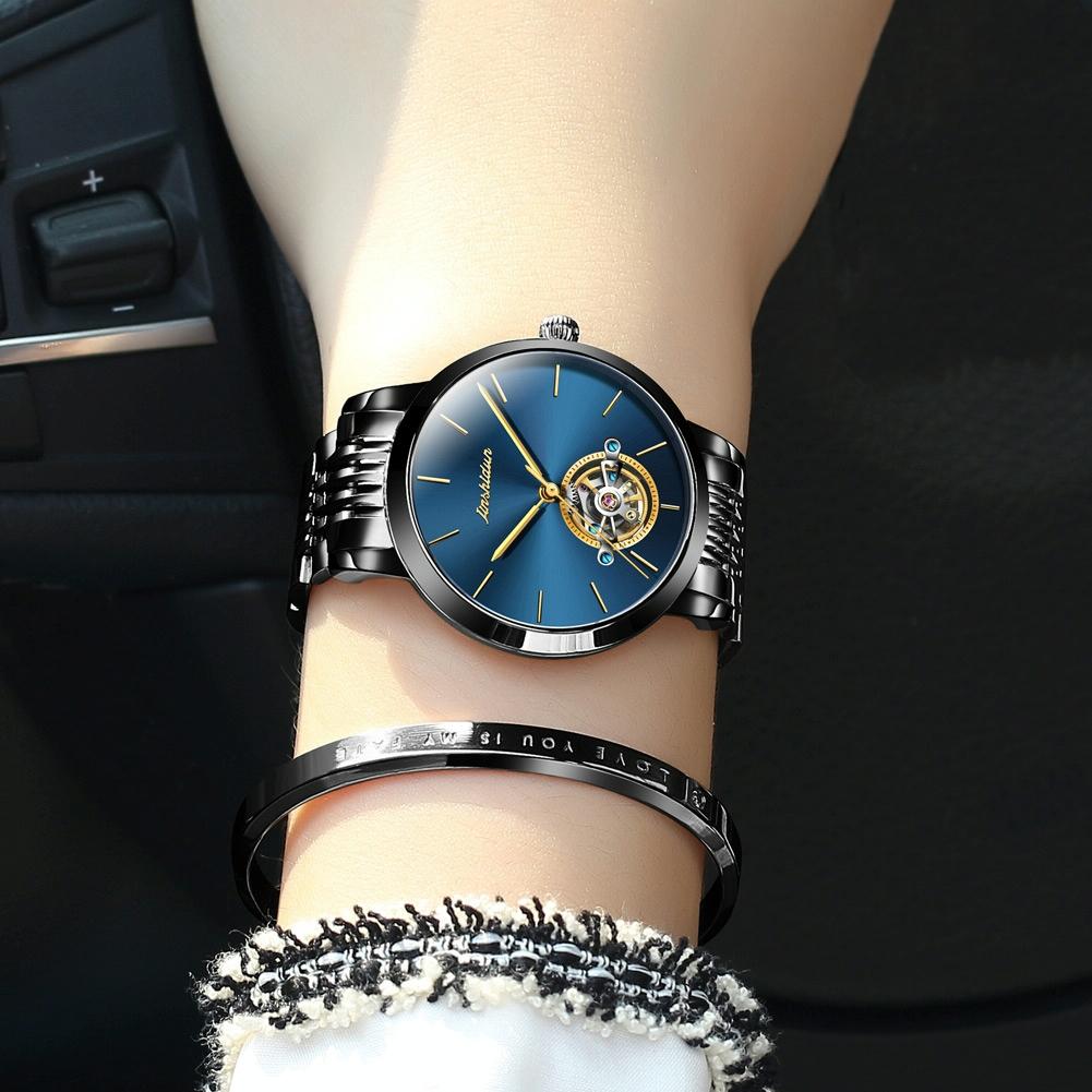 Waterproof Automatic Mechanical Watch for Women with Simple Hollow Design - Black Steel Strip