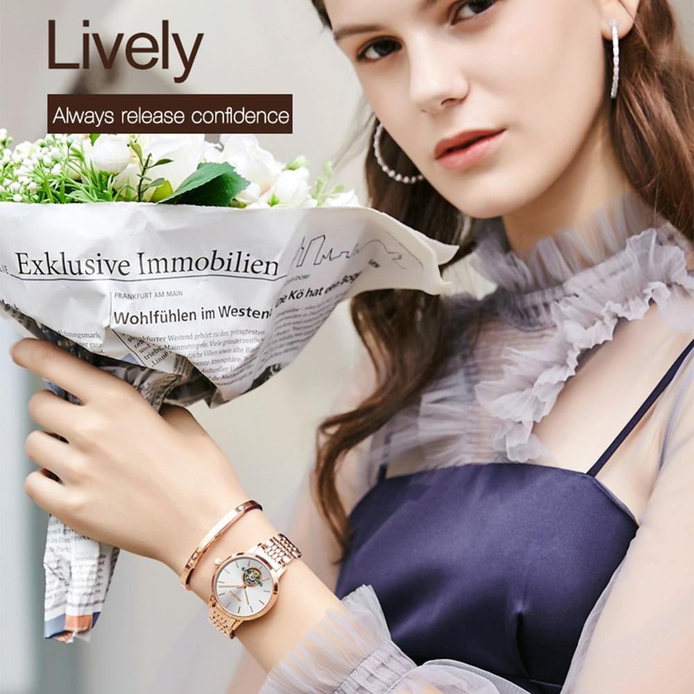 Waterproof Automatic Mechanical Watch for Women with Simple Hollow Design - Black Steel Strip